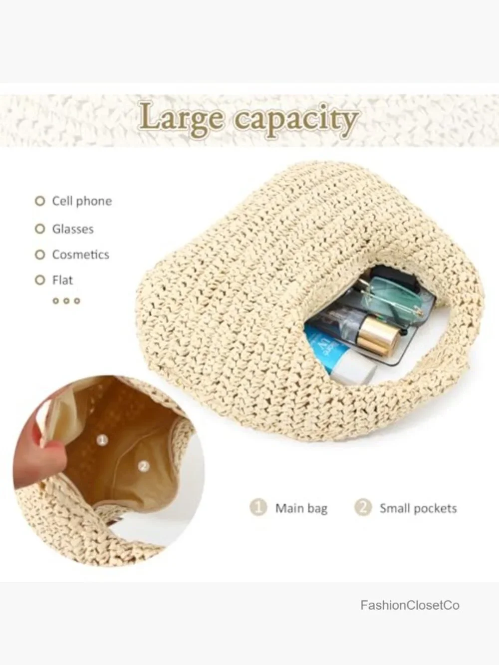 Handwoven Straw Crescent Hobo Tote Beach Summer Bag